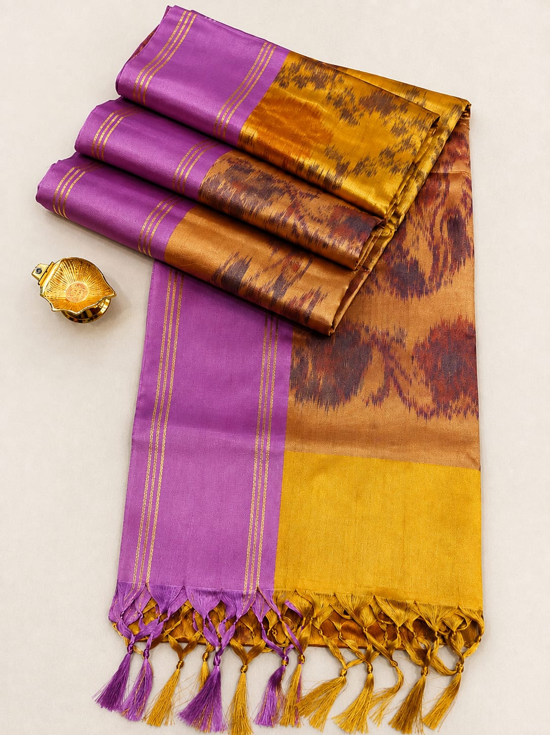 Ornate Mustard Bronze Ikat Pattern Pochampally Soft Silk Cotton Saree - PM033
