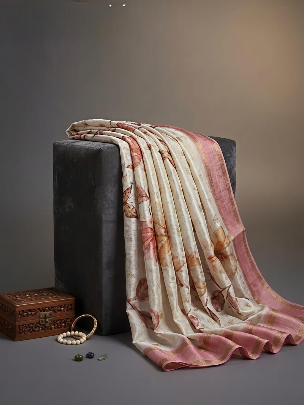 Elegant Ivory & Pink Imperial Flora Print Fancy Organza Saree - FLORA035