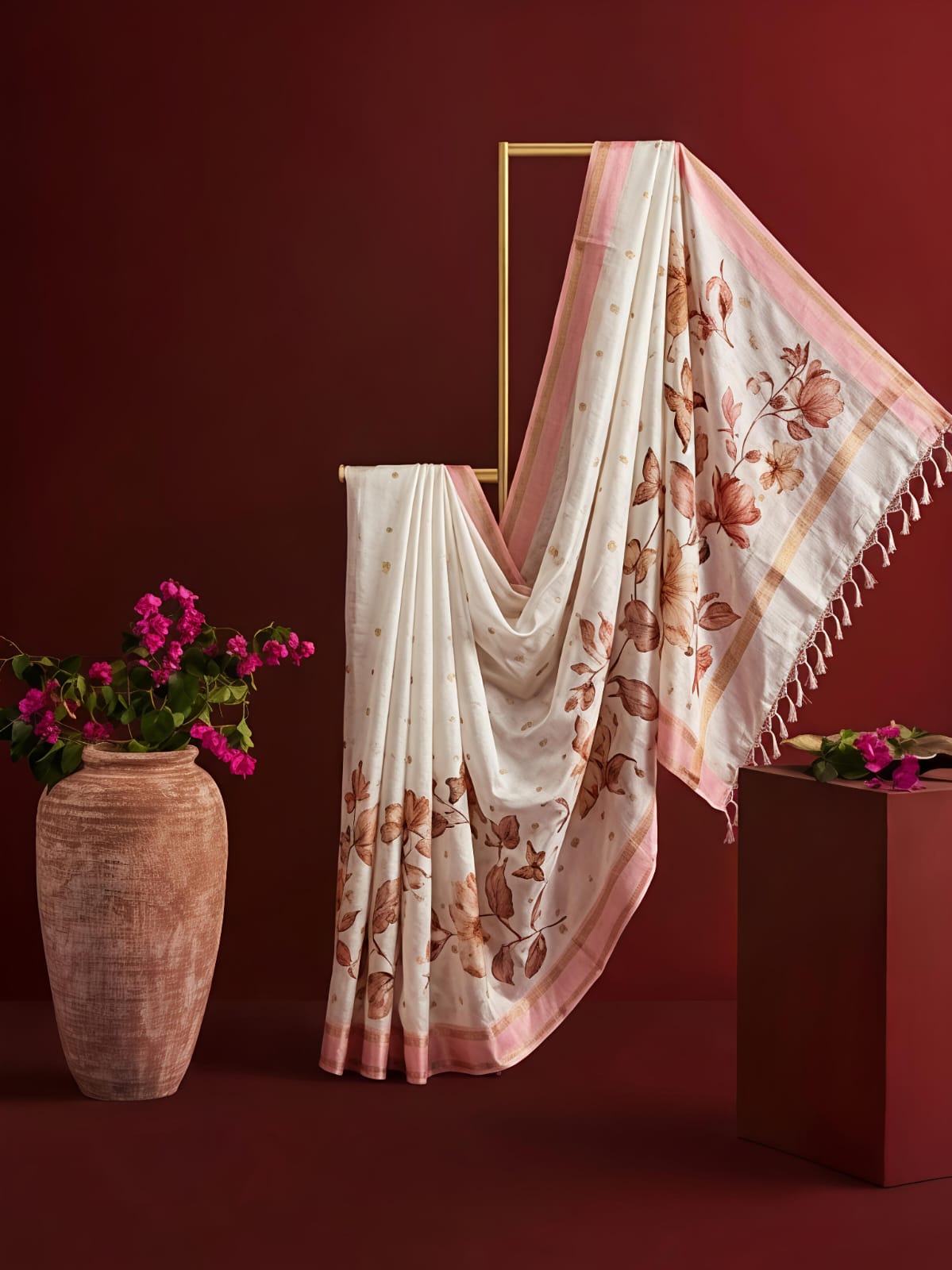 Elegant Ivory & Pink Imperial Flora Print Fancy Organza Saree - FLORA035