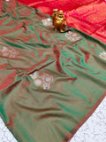 Premium Olive Green Double-Tone Soft Silk Meenakari Zari Saree - SS038