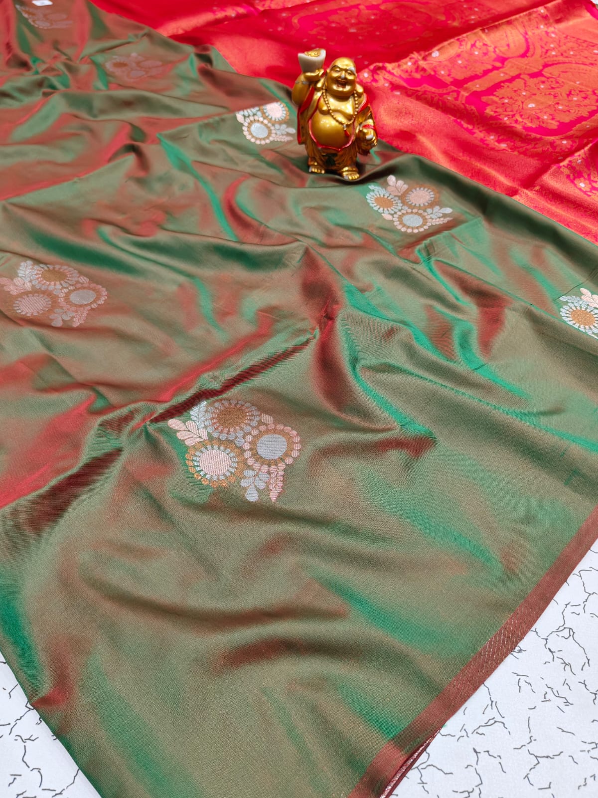 Premium Olive Green Double-Tone Soft Silk Meenakari Zari Saree - SS038