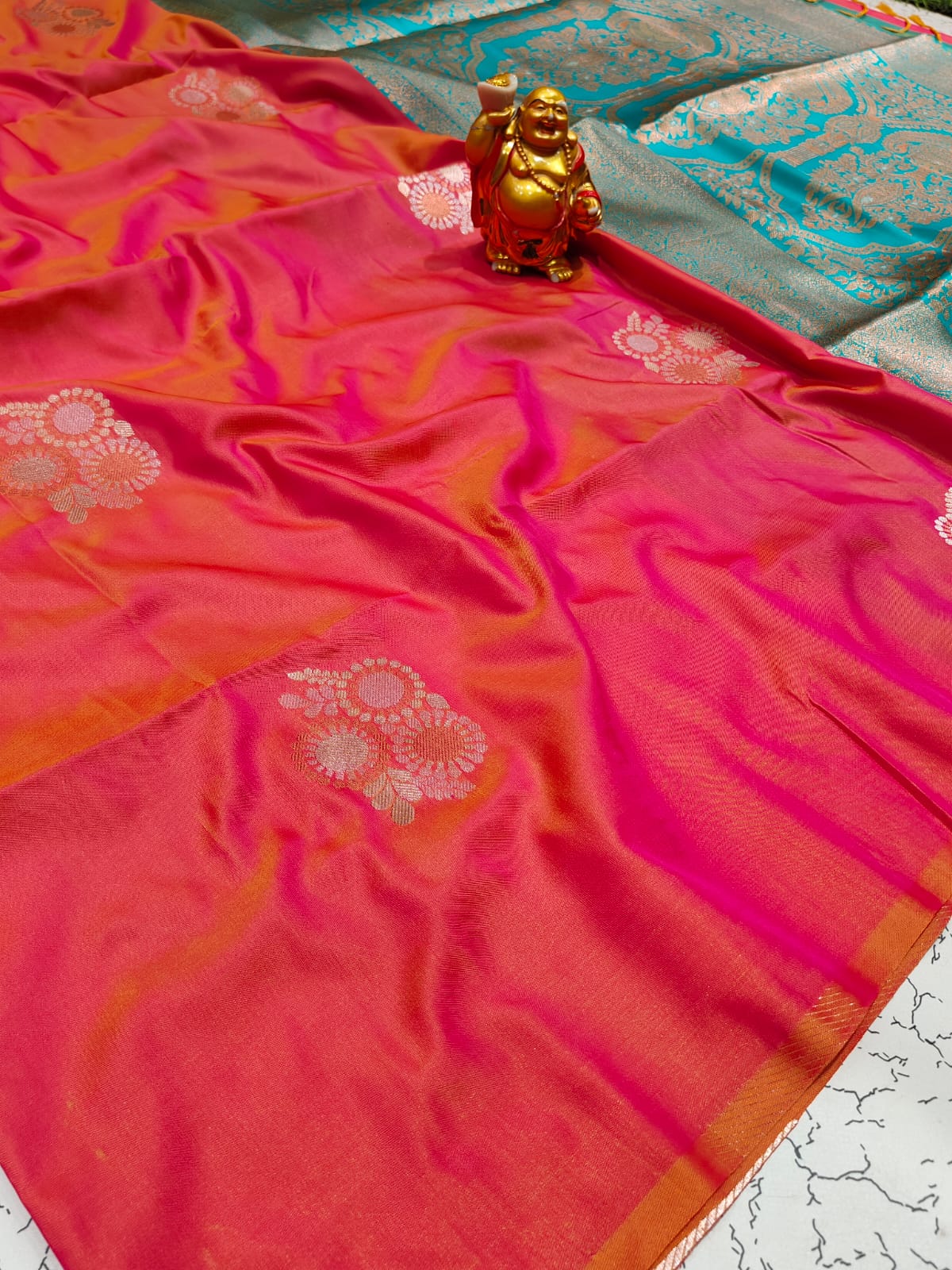Premium Coral Pink Double-Tone Soft Silk Meenakari Zari Saree - SS038