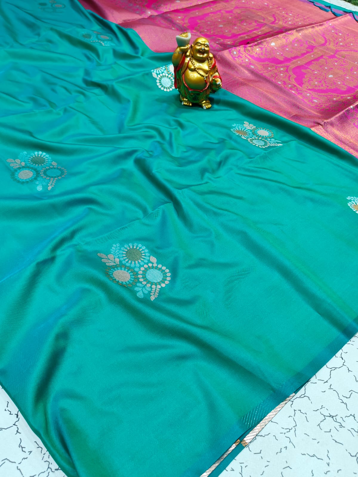 Premium Sea Green Double-Tone Soft Silk Meenakari Zari Saree - SS038