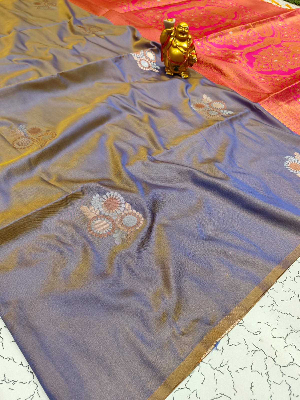 Premium Grey & Purple Double-Tone Soft Silk Meenakari Zari Saree - SS038