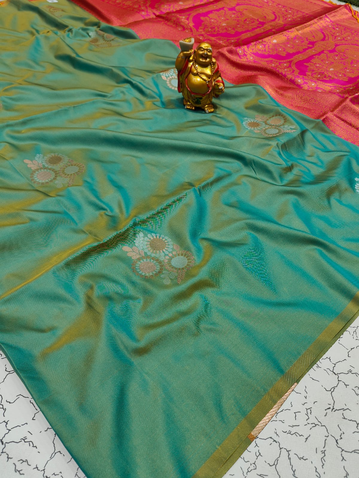 Premium Teal & Olive Green Double-Tone Soft Silk Meenakari Zari Saree - SS038
