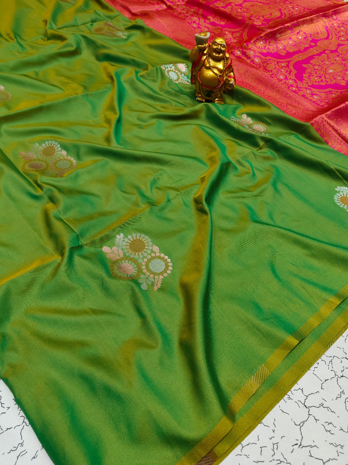 Premium Grass Green Double-Tone Soft Silk Meenakari Zari Saree - SS038