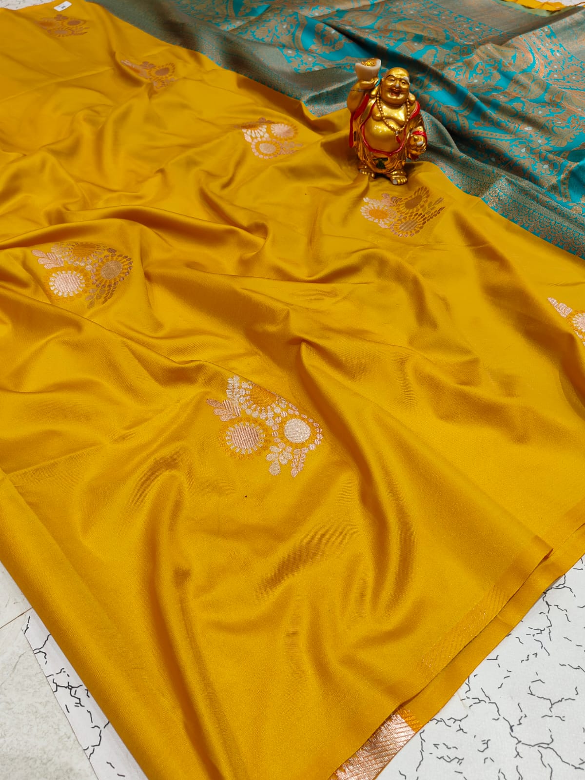 Premium Mustard Yellow Double-Tone Soft Silk Meenakari Zari Saree - SS038