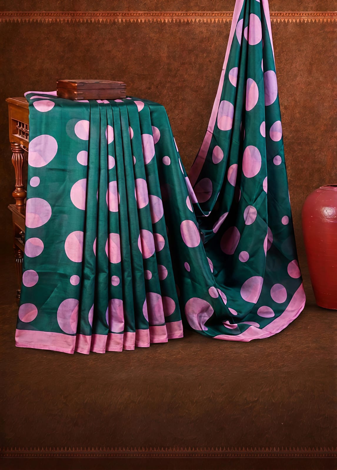 Premium Teal & Pink Polka Dots Fancy Crape Saree - FC048