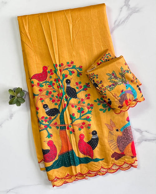 Beautiful Lightweight Yellow Kalamkari Tussar Saree - KT049