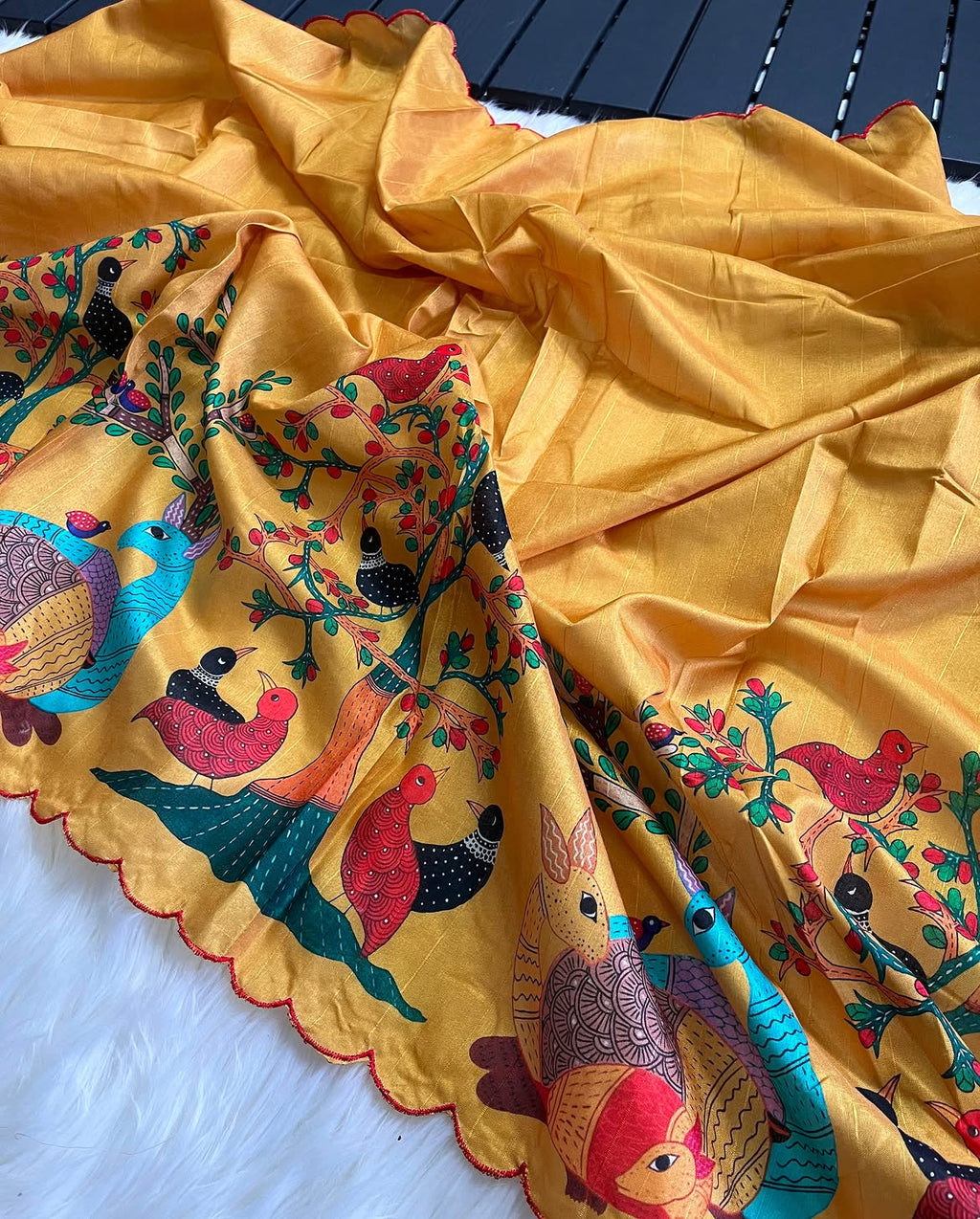 Beautiful Lightweight Yellow Kalamkari Tussar Saree - KT049