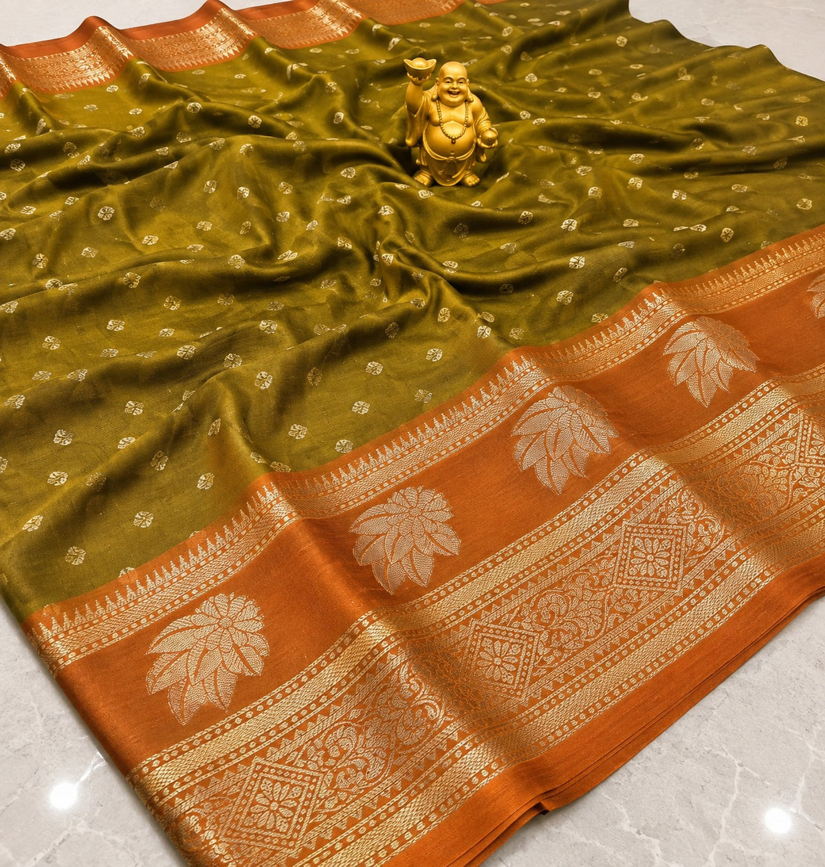 Premium Olive Green All-Over Zari Banarasi Soft Silk Saree - BS042