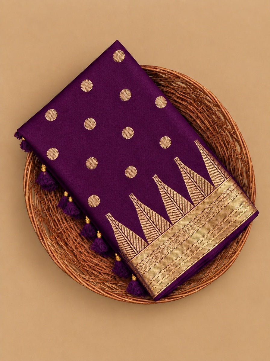 Rich Deep Purple Kalyani All-Over Gold Zari Buttas Semi Tussar Silk Saree - TS046