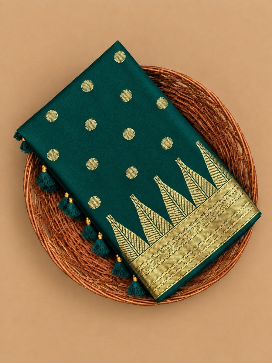 Rich Bottle Green Kalyani All-Over Gold Zari Buttas Semi Tussar Silk Saree - TS046