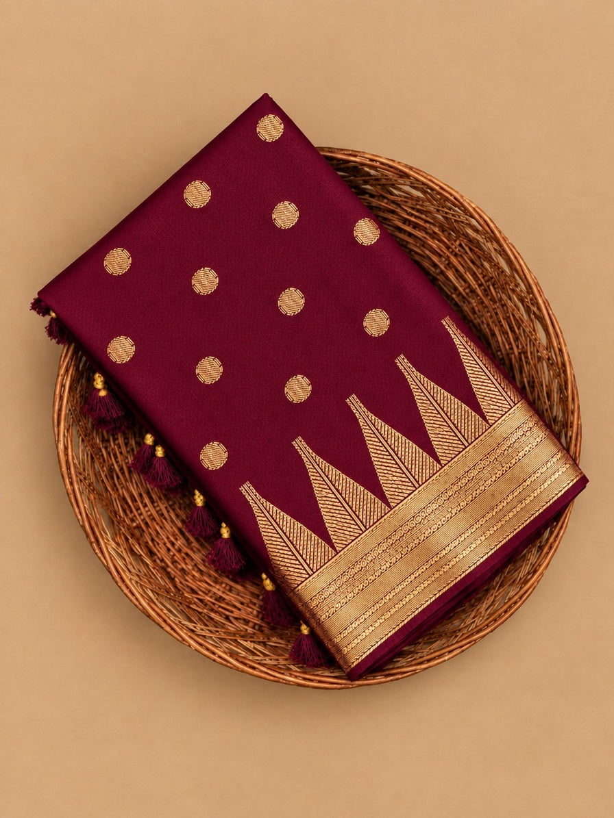 Rich Wine Maroon Kalyani All-Over Gold Zari Buttas Semi Tussar Silk Saree - TS046
