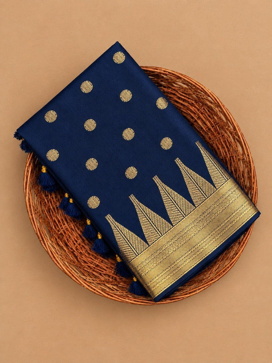 Rich Navy Blue Kalyani All-Over Gold Zari Buttas Semi Tussar Silk Saree - TS046