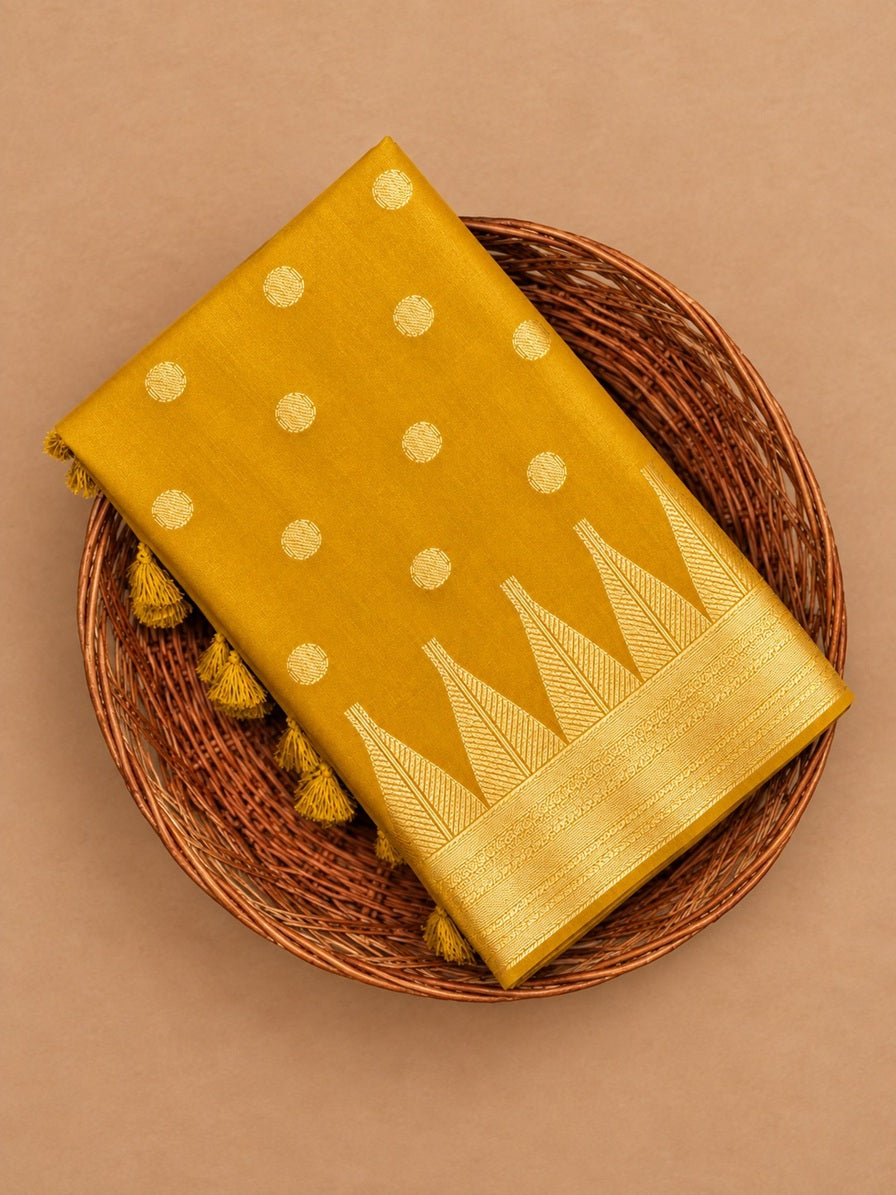 Rich Mustard Yellow Kalyani All-Over Gold Zari Buttas Semi Tussar Silk Saree - TS046