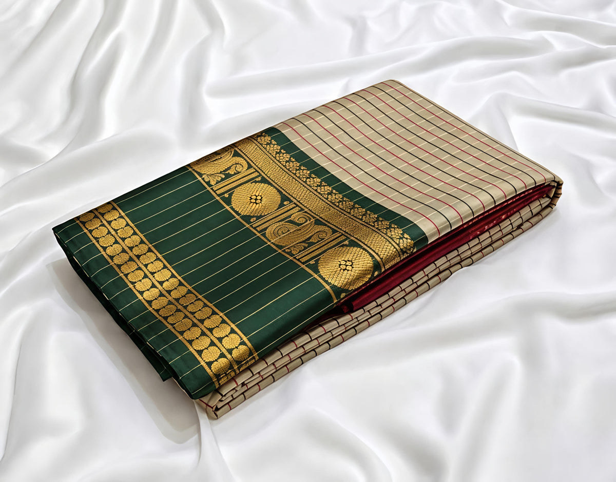 Premium Cream & Green Ganga Yumana Banarasi Katan Soft Silk Saree - GY054