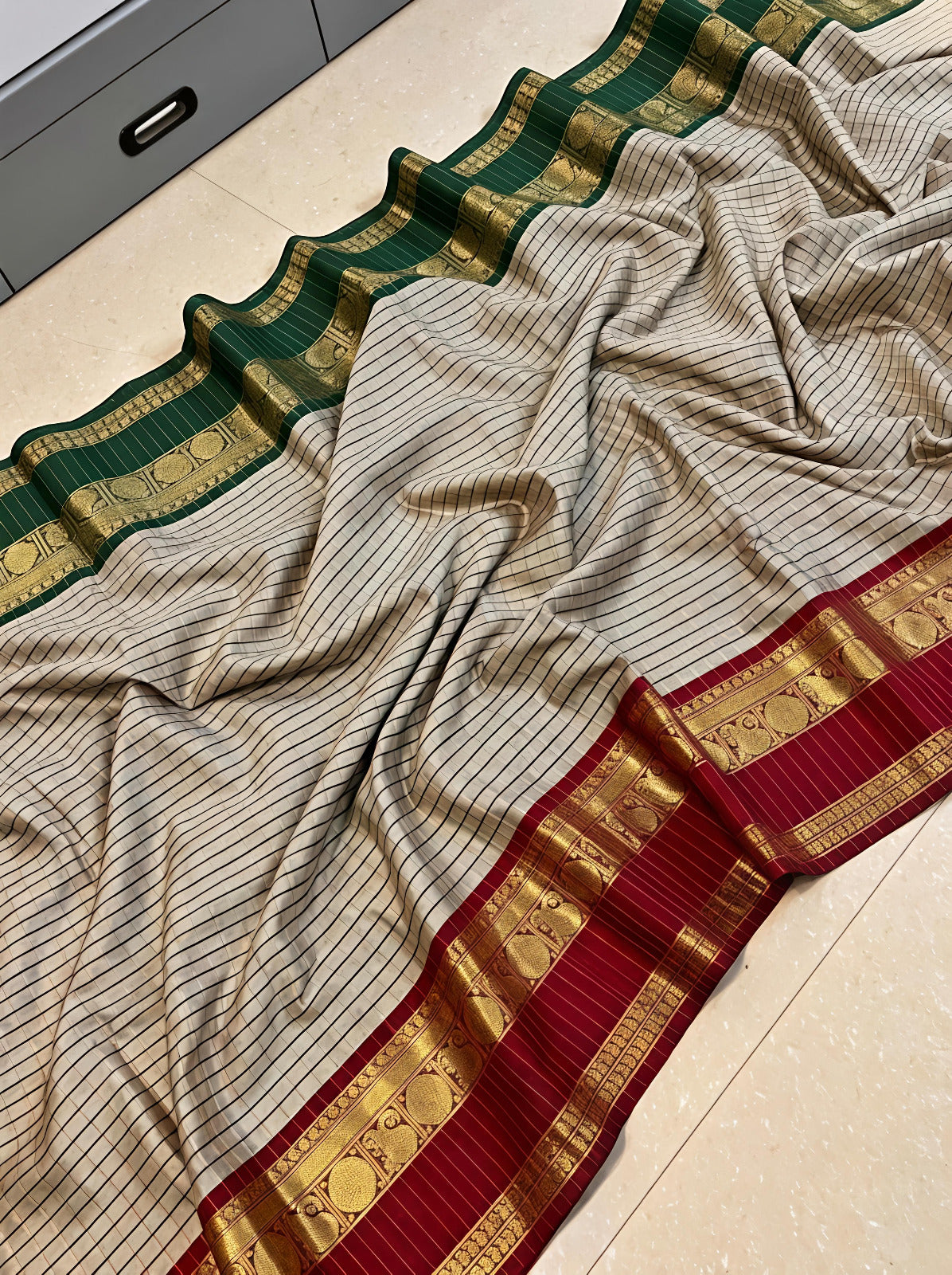 Premium Cream & Green Ganga Yumana Banarasi Katan Soft Silk Saree - GY054