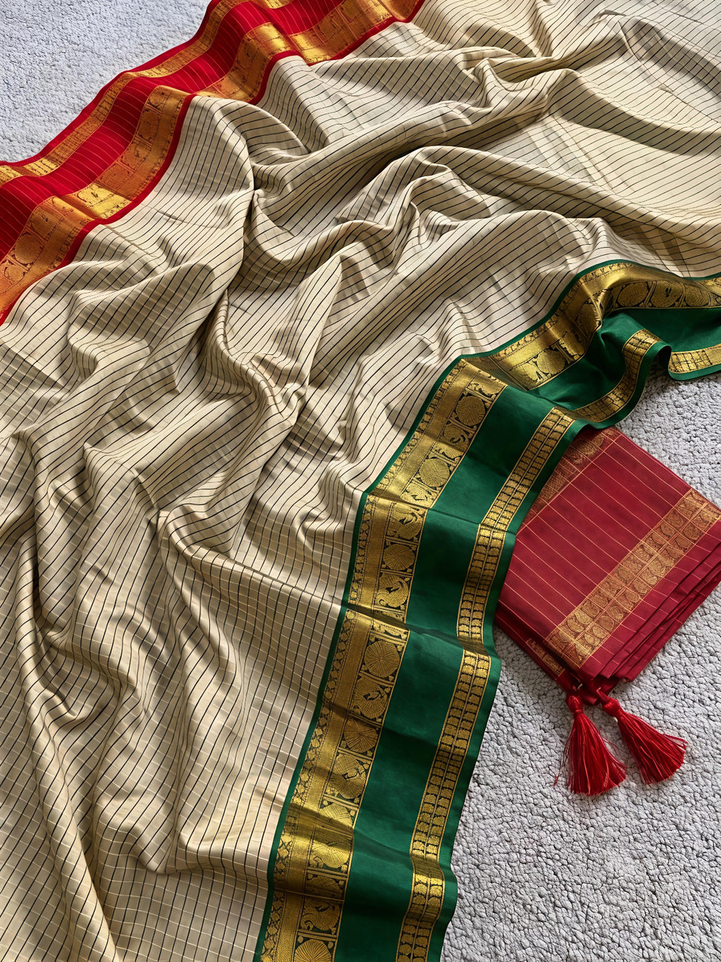 Premium Cream & Green Ganga Yumana Banarasi Katan Soft Silk Saree - GY054