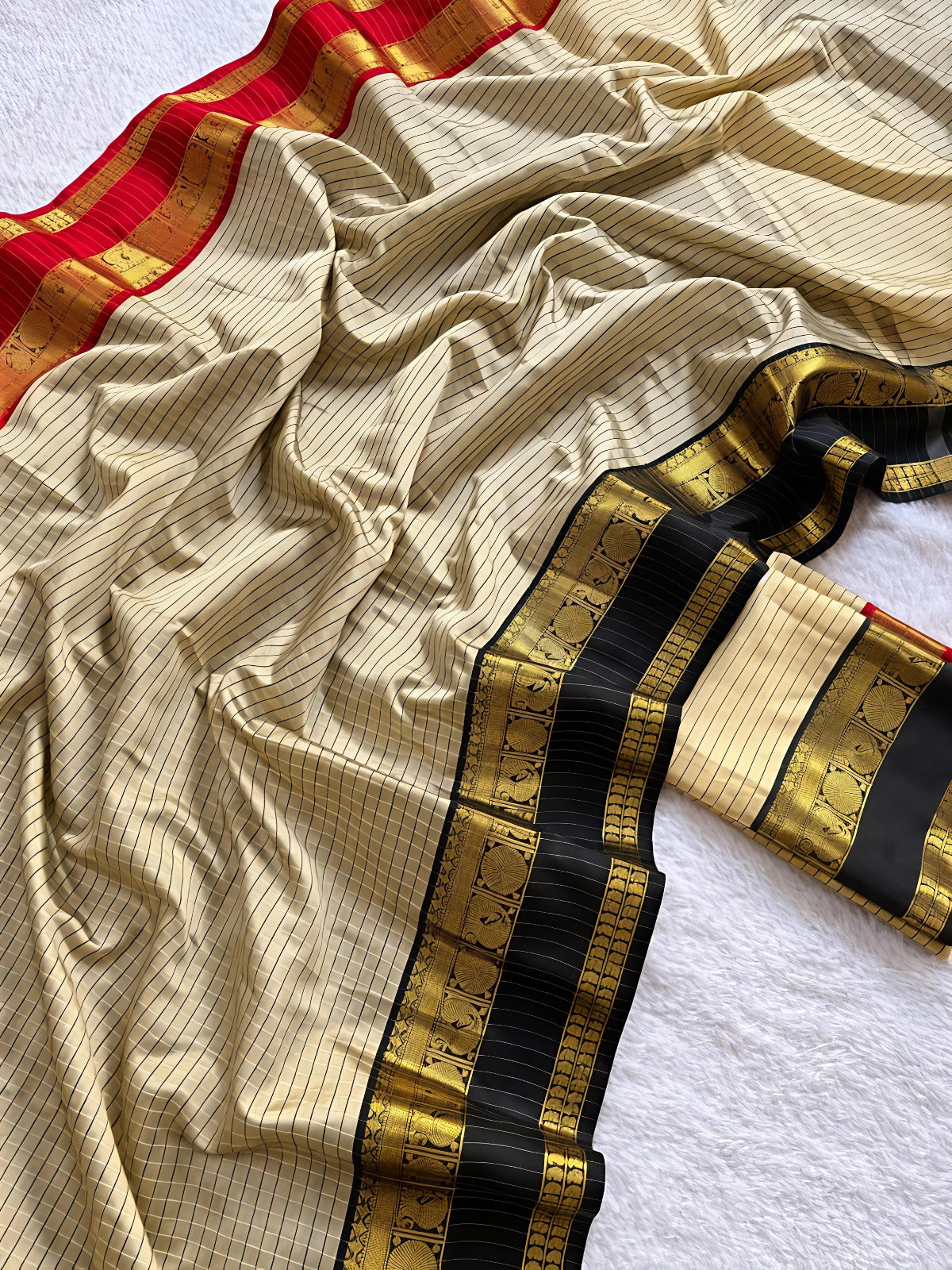 Premium Cream & Black Ganga Yumana Banarasi Katan Soft Silk Saree - GY054