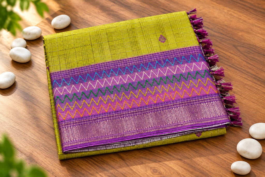 Elegant Parrot Green Semi Tussar Silkworm Saree with Zigzag Border - CB059