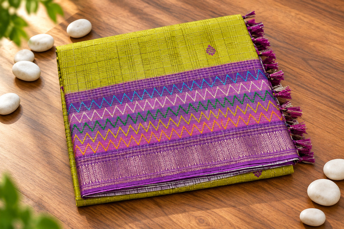 Elegant Parrot Green Semi Tussar Silkworm Saree with Zigzag Border - CB059