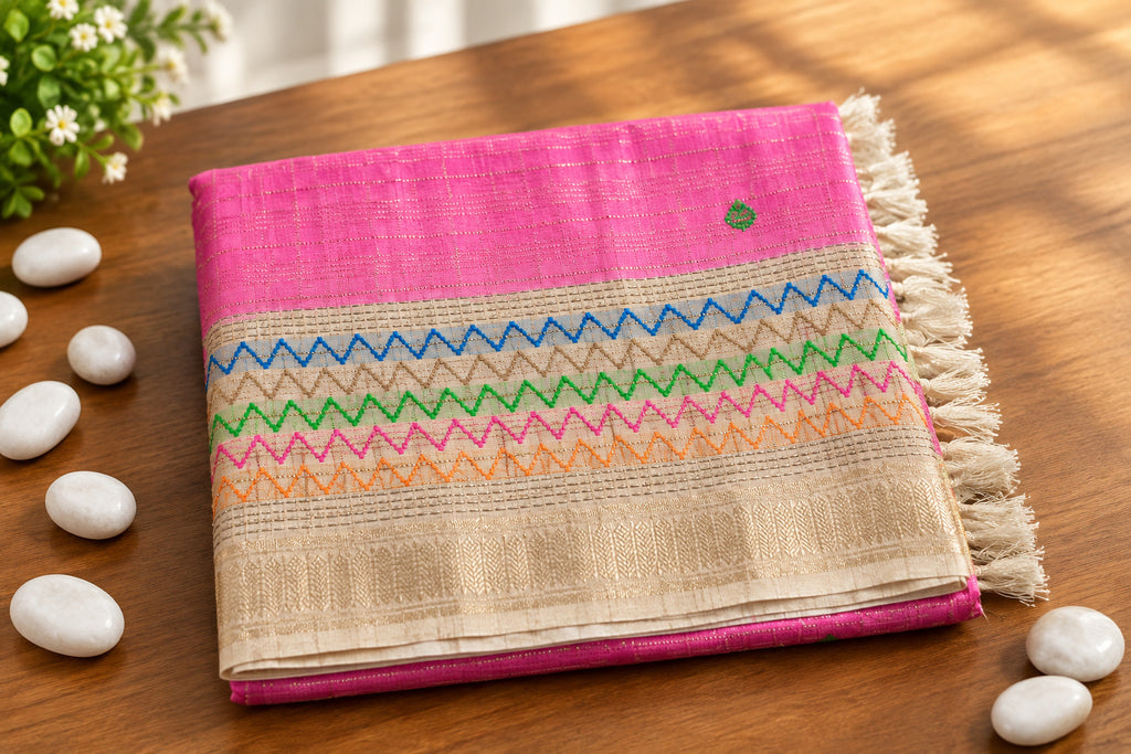 Elegant PInk Semi Tussar Silkworm Saree with Zigzag Border - CB059