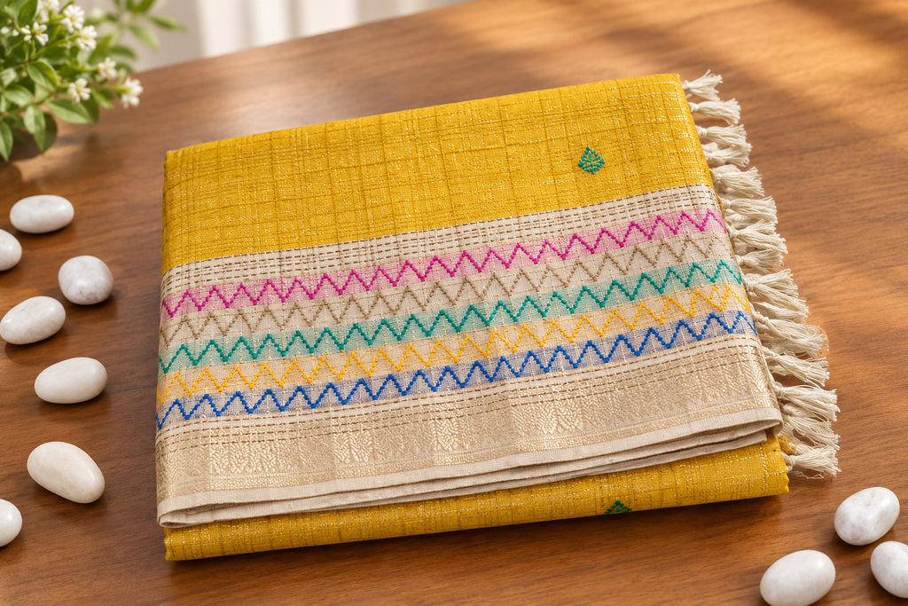 Elegant Mustard Yellow Semi Tussar Silkworm Saree with Zigzag Border - CB059