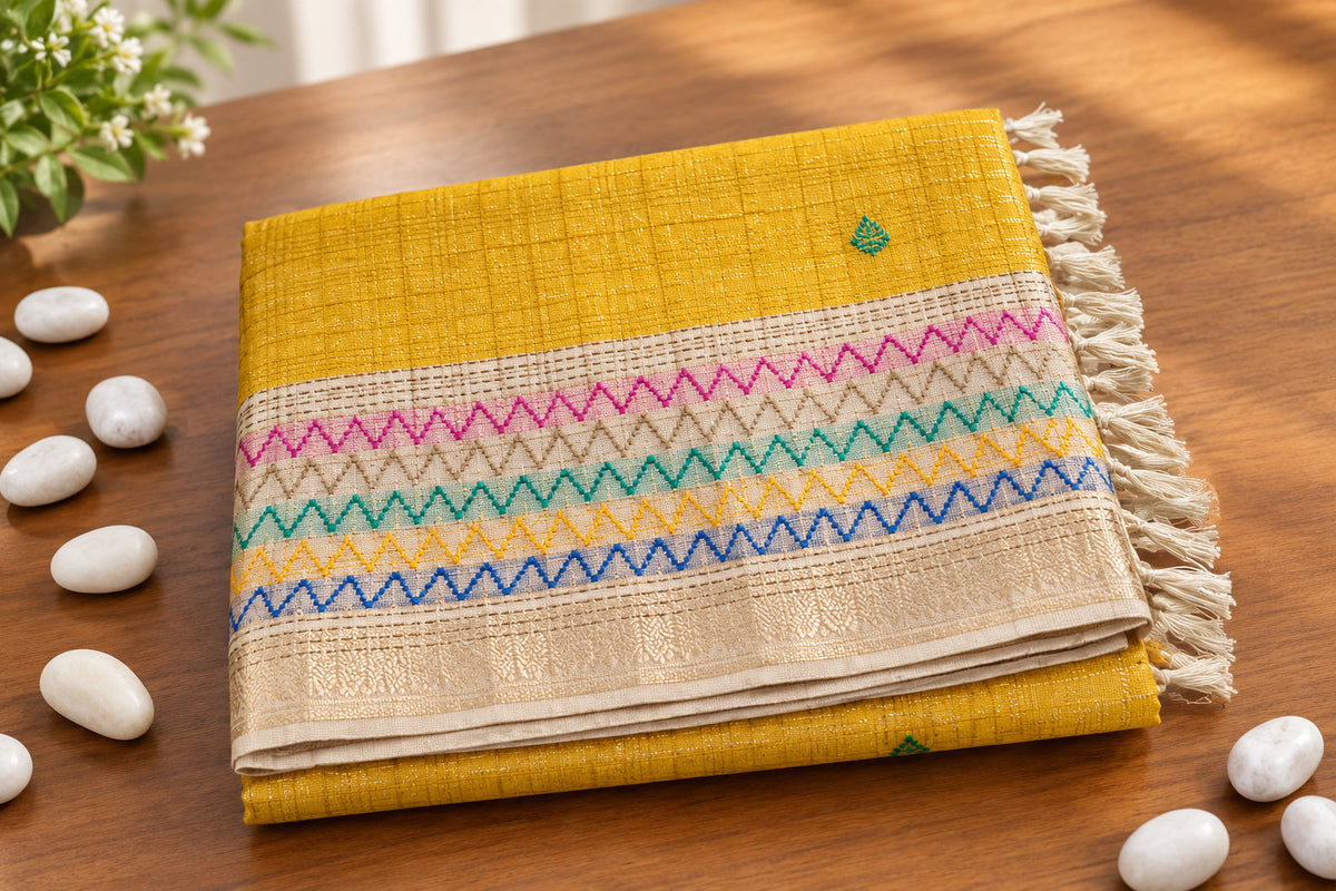Elegant Mustard Yellow Semi Tussar Silkworm Saree with Zigzag Border - CB059