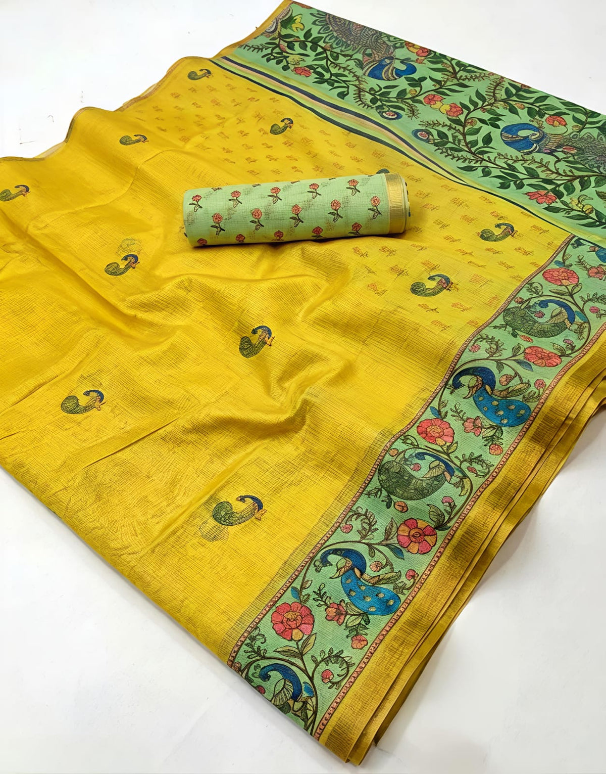 Elite Mustard Yellow Floral Blossom Printed Linen Cotton Saree - LC057