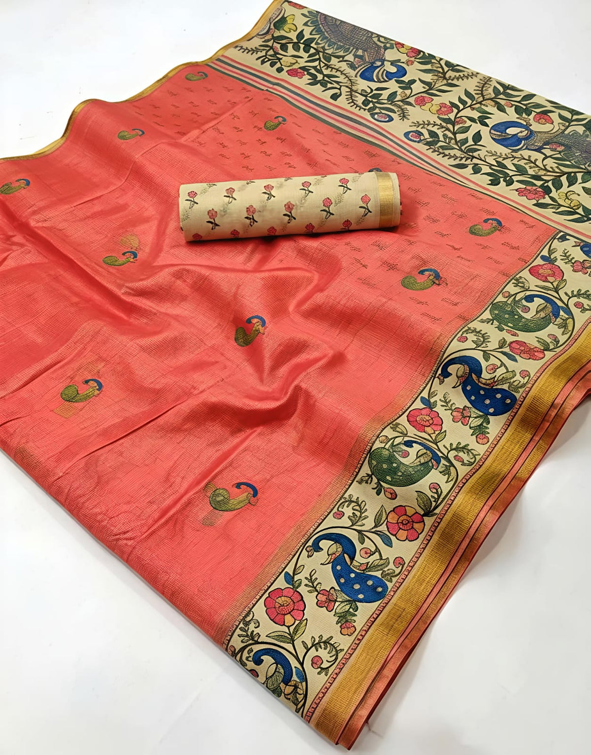 Elite Peach Floral Blossom Printed Linen Cotton Saree - LC057