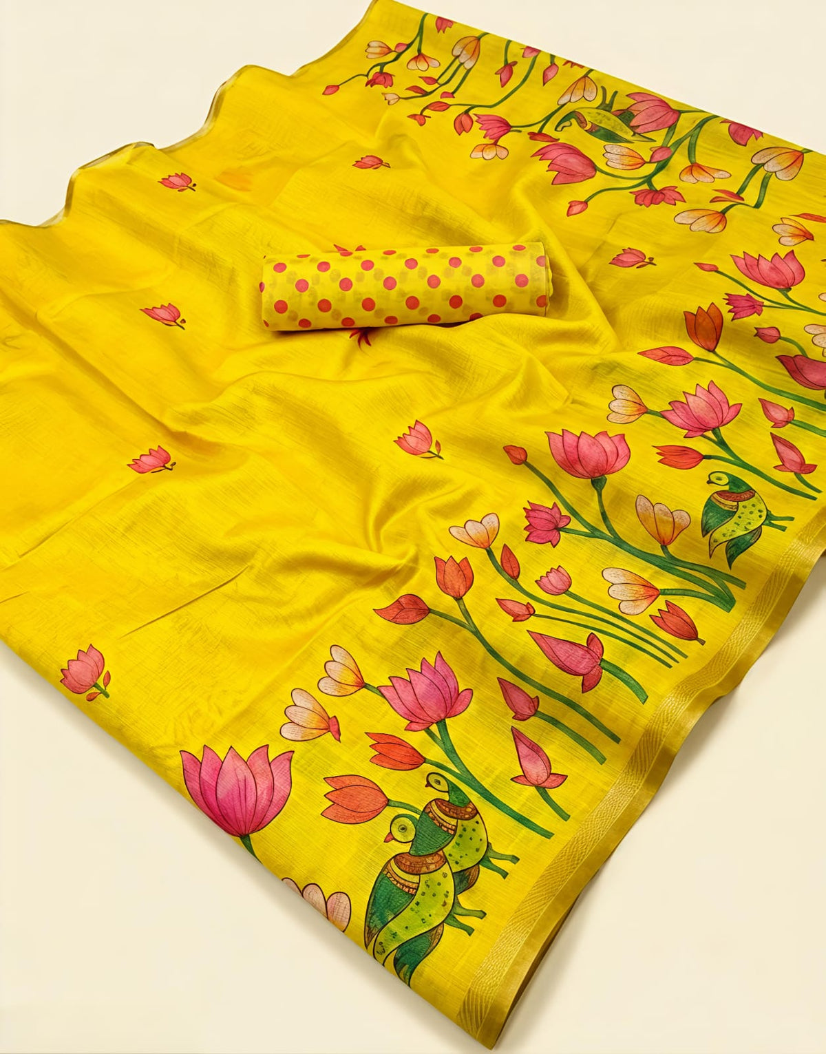 Elite Yellow Floral Blossom Printed Linen Cotton Saree - LC057