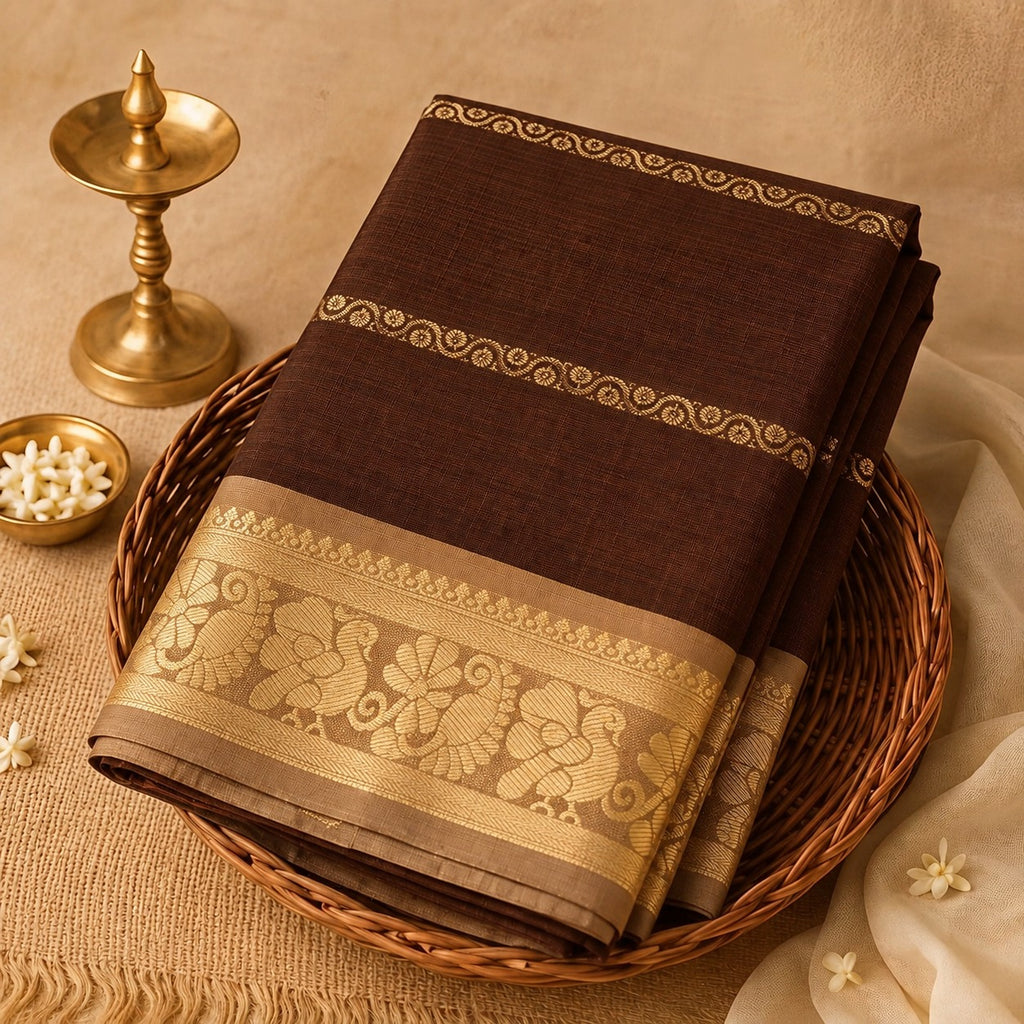Elegant Coffee Brown Stripe with Velthari Pattern Sungudi Cotton Saree - SC065