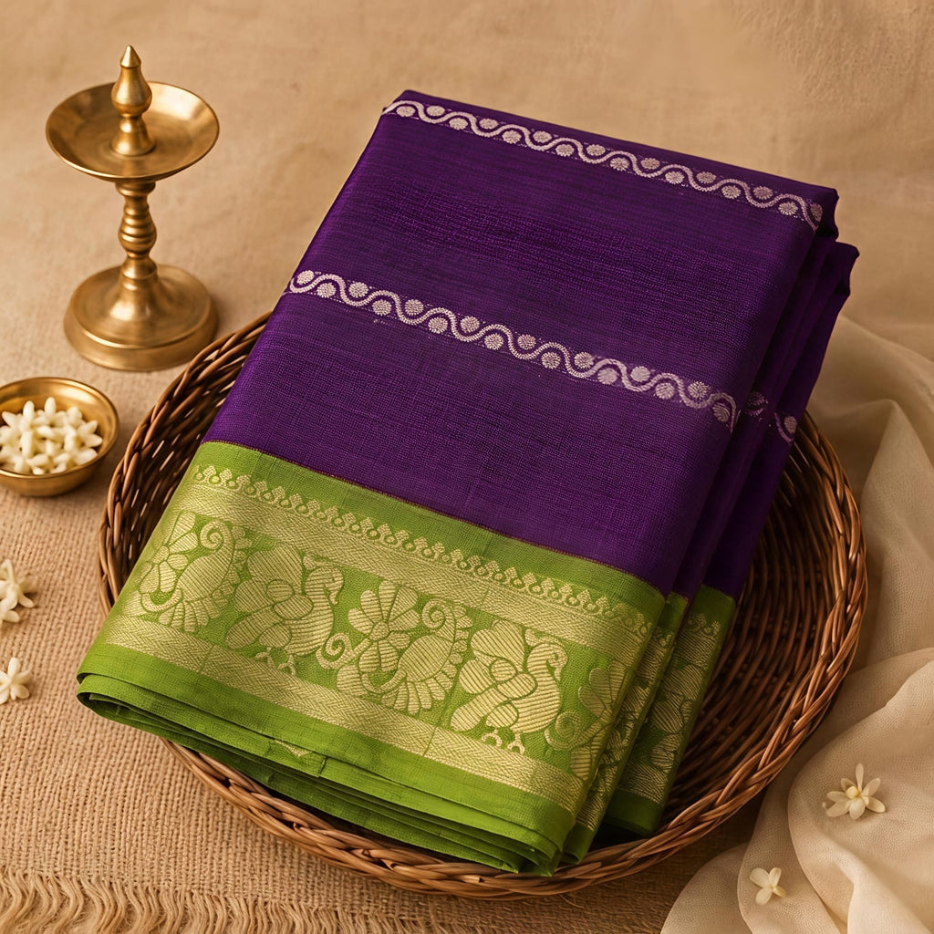 Elegant Violet Stripe with Velthari Pattern Sungudi Cotton Saree - SC065