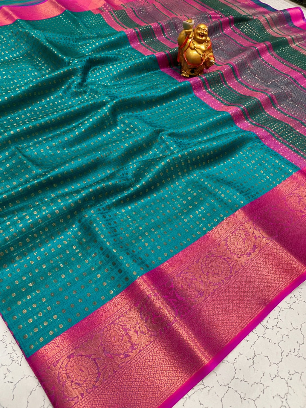 Luxury Teal Green 1000 Butta All-Over Zari Butta Semi Silk Saree - TP063