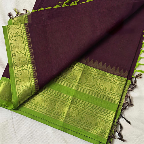 Beautiful Deep Purple Kanchi Style Retta Betta Green Border Cotton Saree - DP075