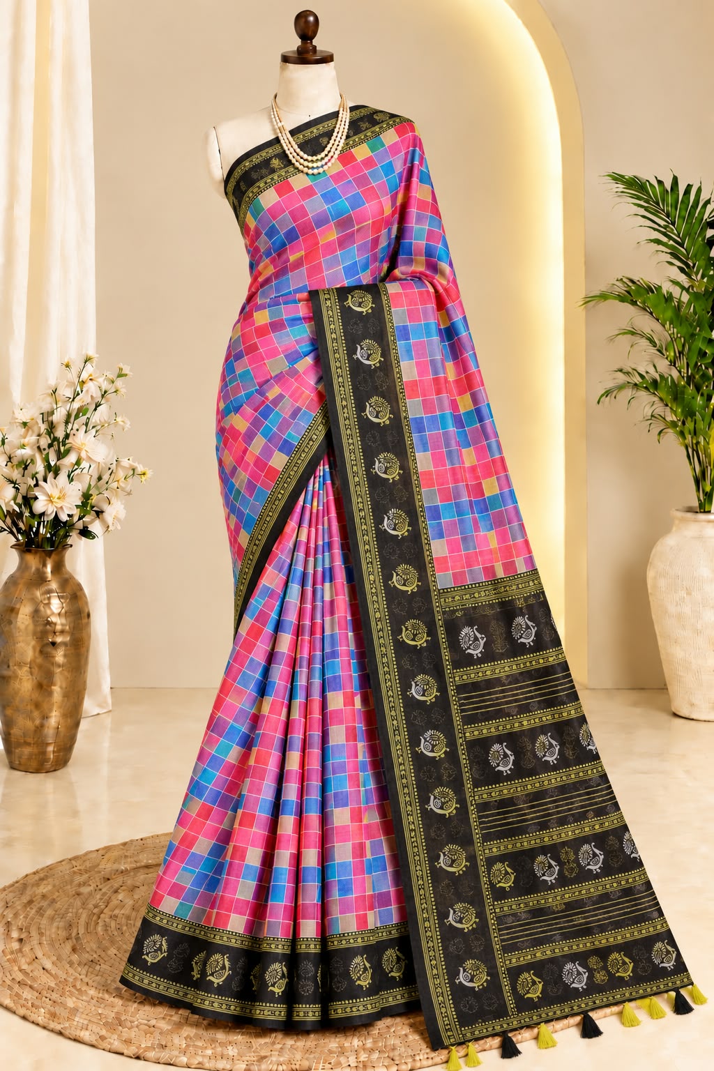 Elegent Multi Colour Check Linen Cotton Saree - LC086