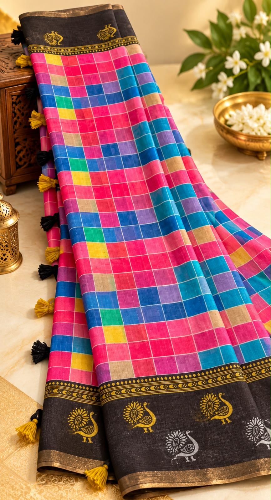 Elegent Multi Colour Check Linen Cotton Saree - LC086