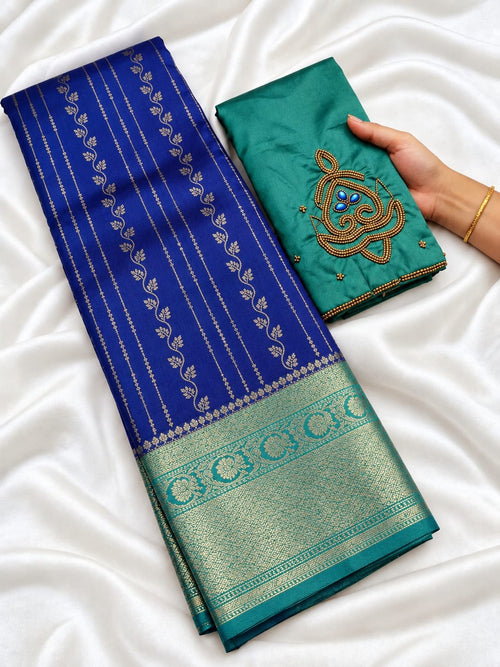Banarasi Trending  Purple Blue Saree With Aari Work Blouse