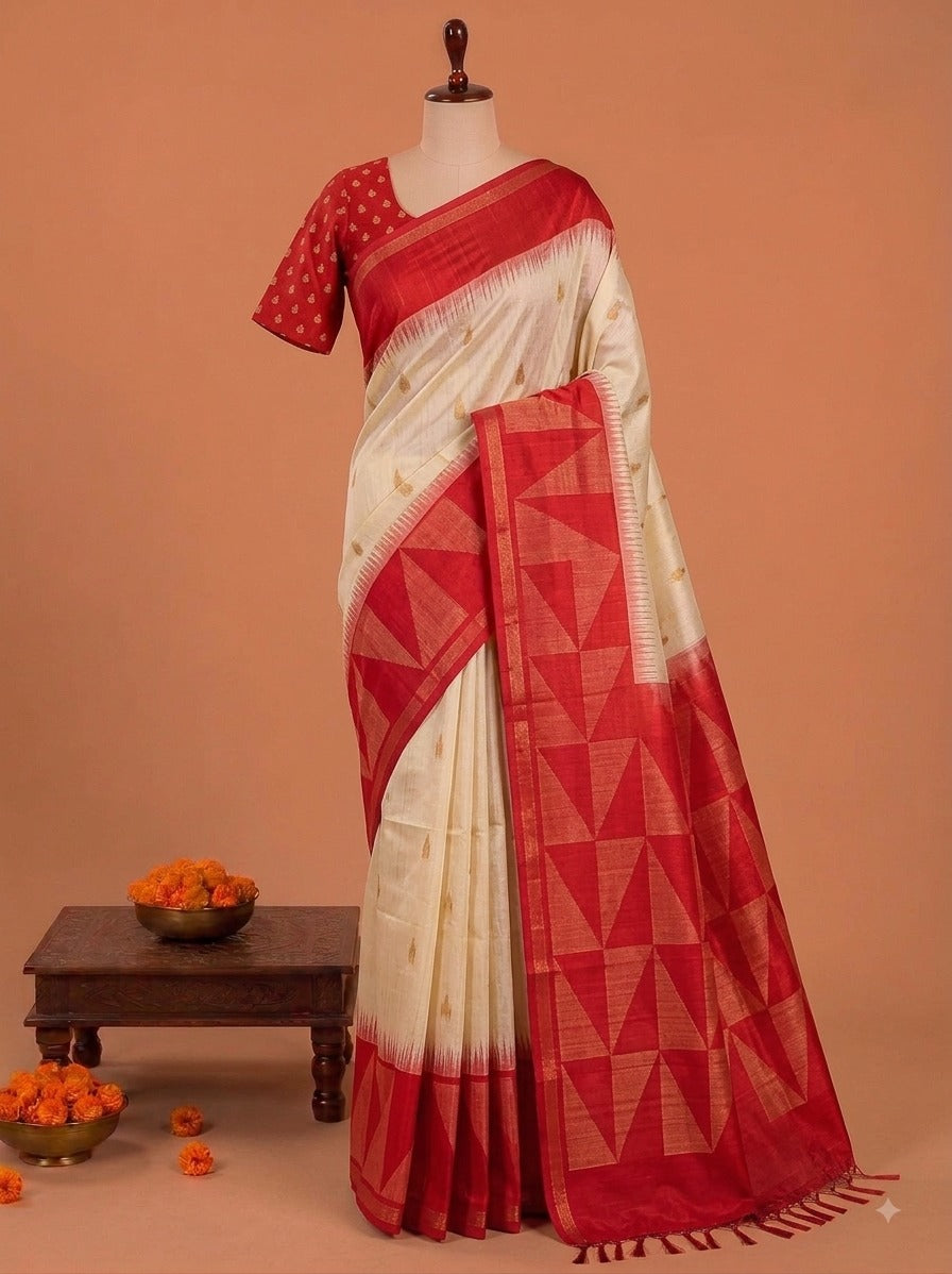Elegantes, cremefarbenes Semi-Tussar-Seiden-Saree mit Kontrastbordüre