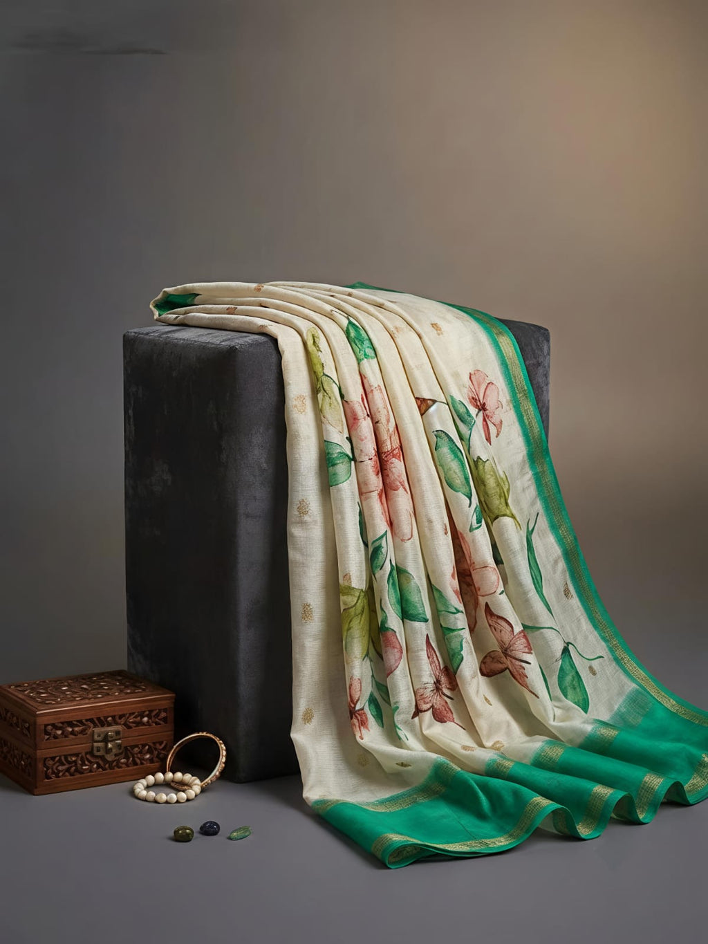 Elegant Ivory & Green Imperial Flora Print Fancy Organza Saree - FLORA035