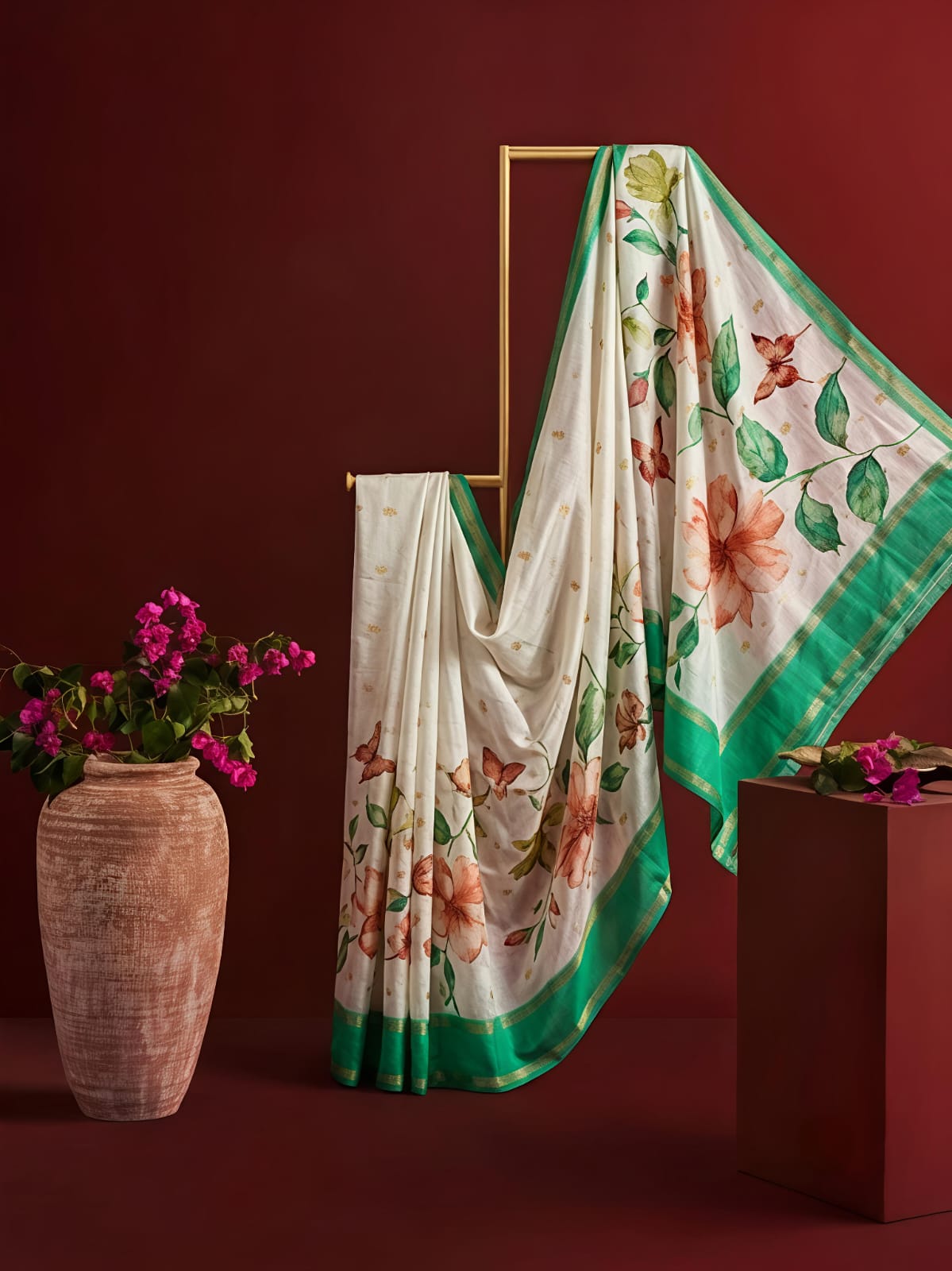 Elegant Ivory & Green Imperial Flora Print Fancy Organza Saree - FLORA035