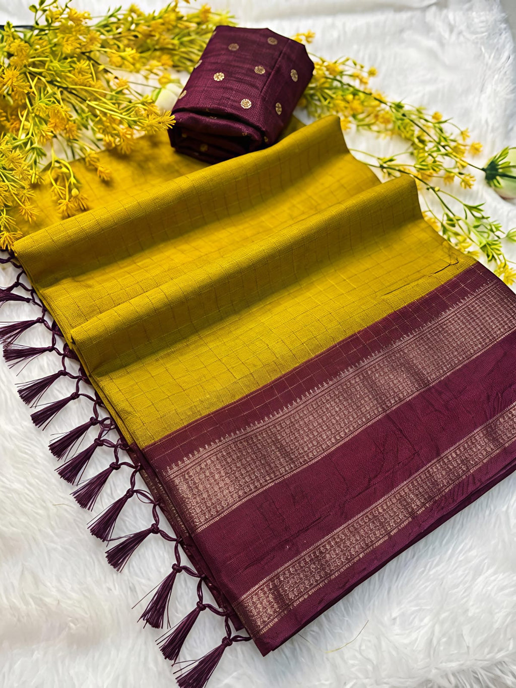 Premium Mustard Yellow Checks Radiance Dola Silk Saree with Golden Zari - DS038