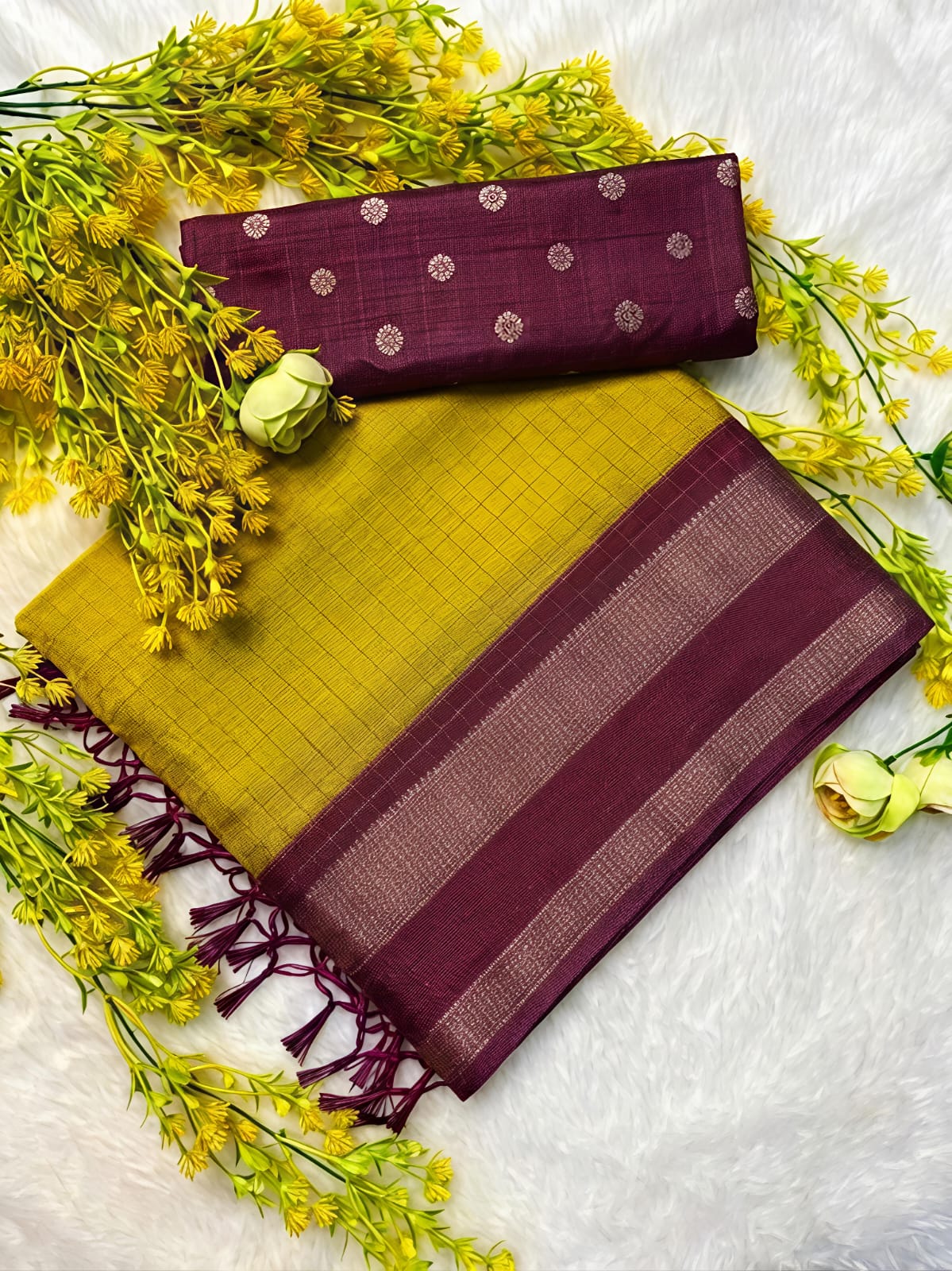 Premium Mustard Yellow Checks Radiance Dola Silk Saree with Golden Zari - DS038