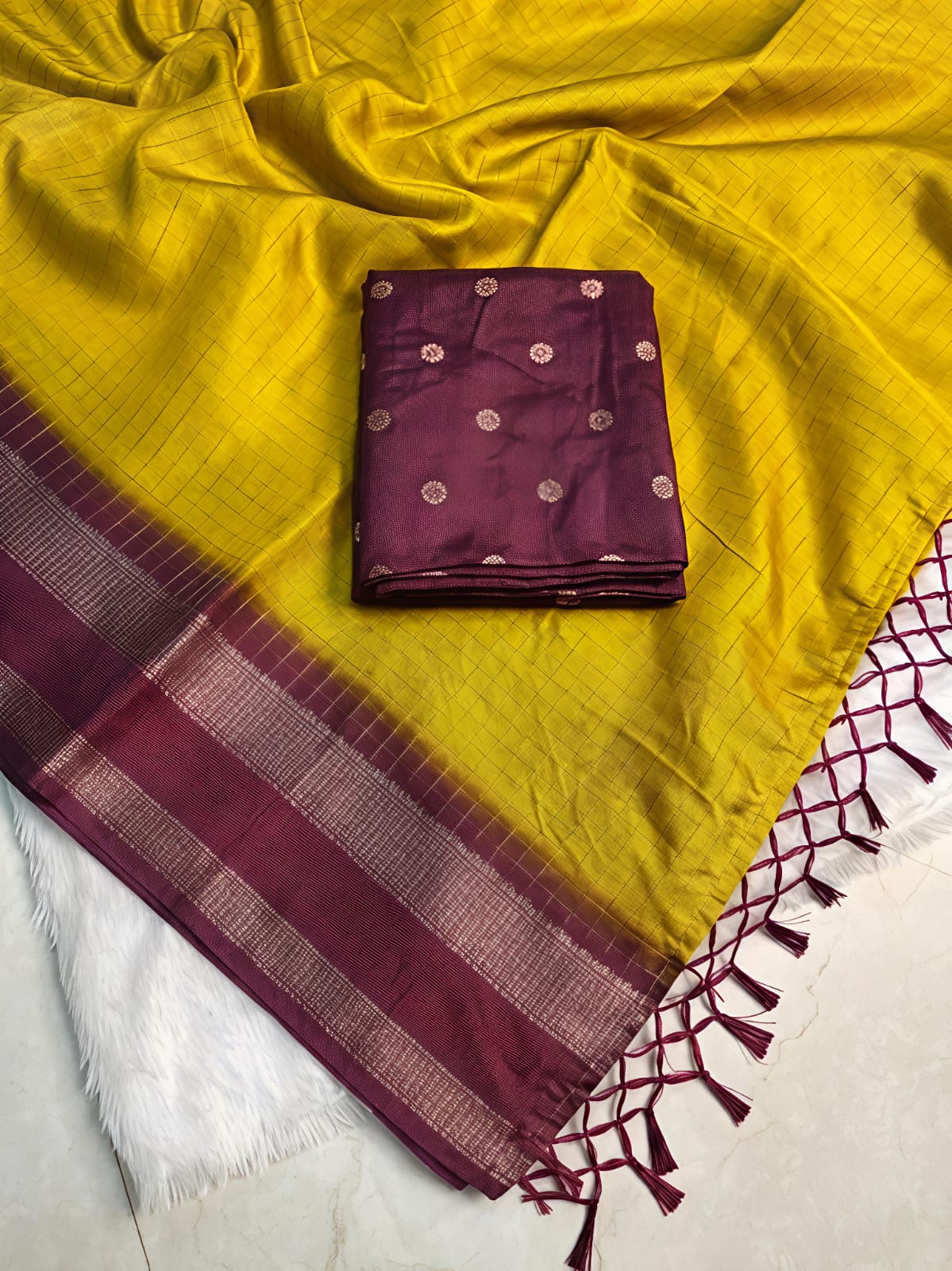 Premium Mustard Yellow Checks Radiance Dola Silk Saree with Golden Zari - DS038