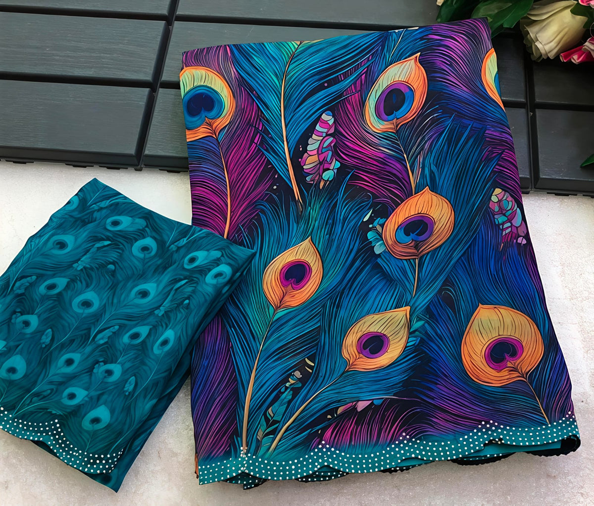 Premium Violet Peacock Feather Fancy Synthetic Saree - PC058