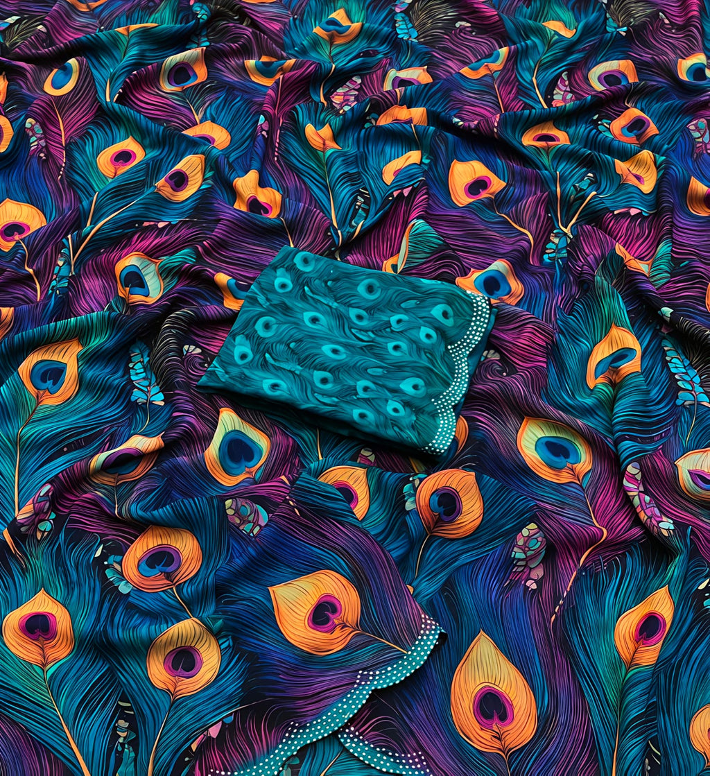 Premium Violet Peacock Feather Fancy Synthetic Saree - PC058