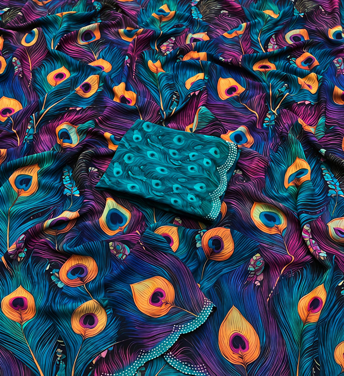 Premium Violet Peacock Feather Fancy Synthetic Saree - PC058
