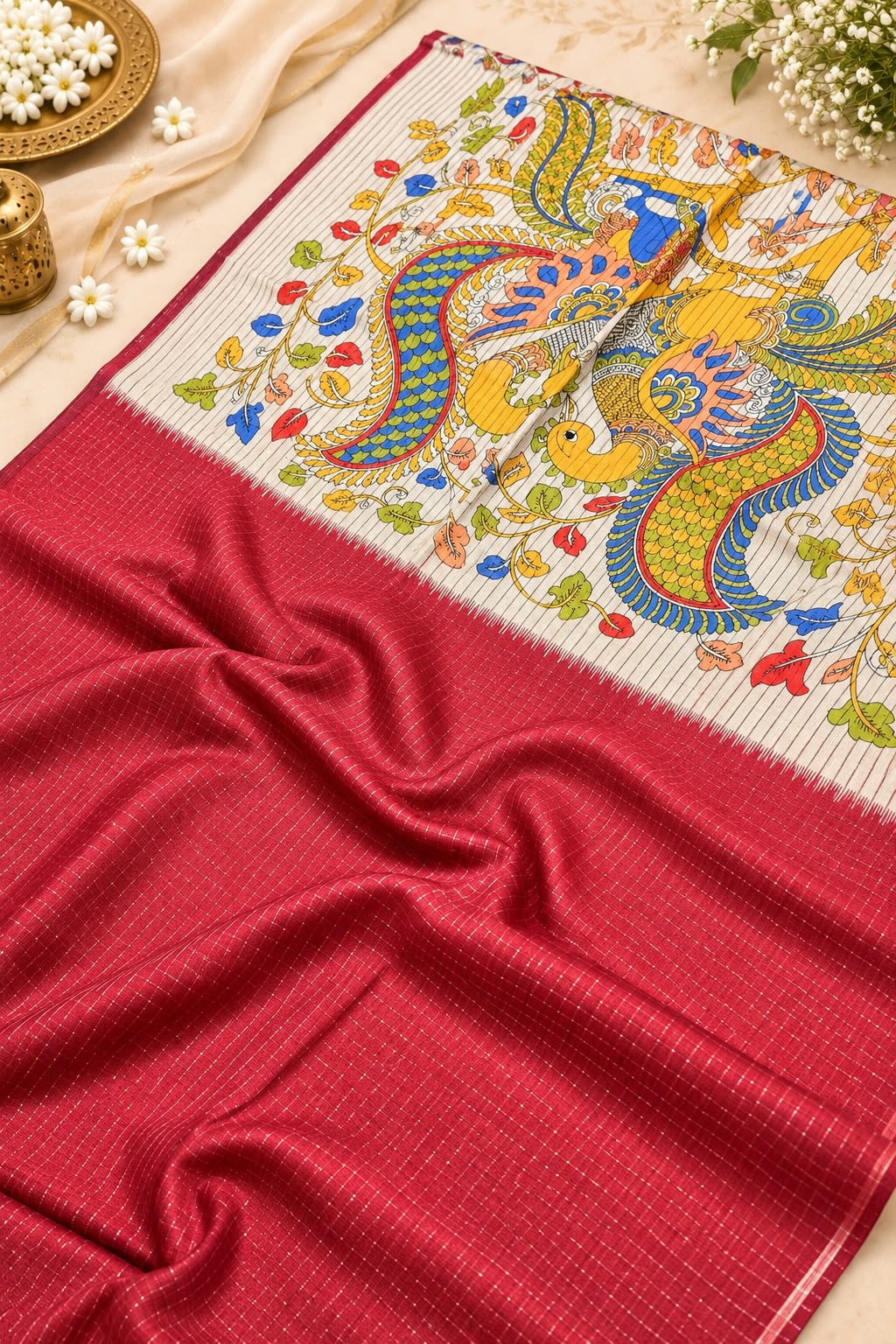 Kalamkari-Sari mit Karomuster
