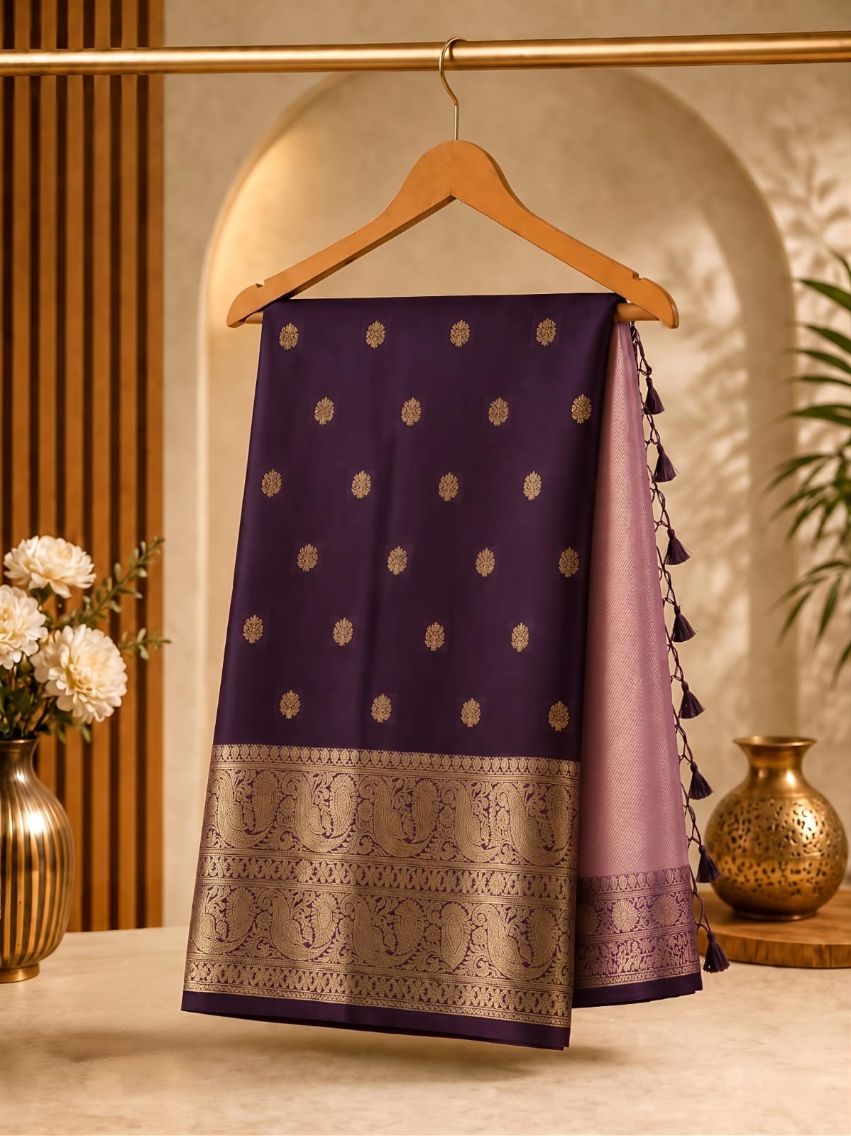 Reine Banarasi Half-and-Half-Saris in Pink und Weinrot